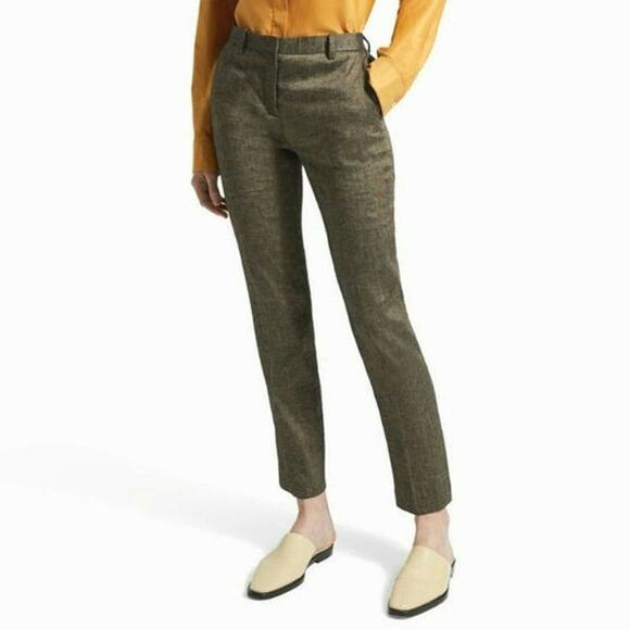 Theory Linen Blend Trouser Pant Straight Leg High Rise Olive Green Workwear 8 - Picture 2 of 16